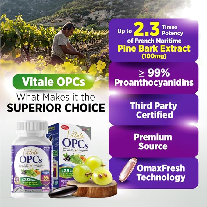 LABO Nutrition Vitale OPCs | Premium European Grape Seed Extract with Aronia Citrus Bioflavonoids | Supports Circulation Skin Health and Cellular Protection | 100% polyphenols 90 Softgels