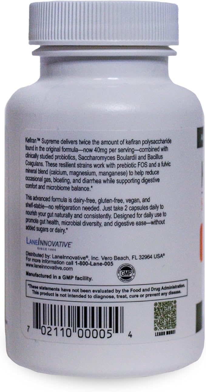 Lane Innovative Kefiran Supreme – Concentrated Kefir-Derived Synbiotic with 2× Kefiran Probiotics &amp Prebiotics Vegetable Capsules Gluten-Free 30 Servings