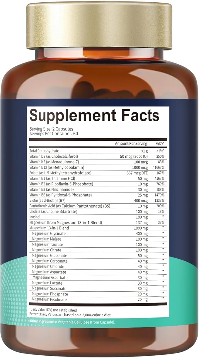 25-in-1 Magnesium Complex with Methylated B Complex Magnesium Glycinate Citrate Malate Taurate Gluconate Aspartate Carbonate D3 K2 Magnesium Supplement for Relaxation Energy &amp Nerve 120 Vegan Ca