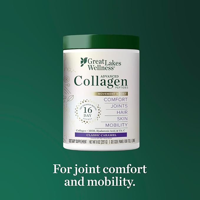Great Lakes Wellness Movement Boost Advanced Collagen Peptides Powder with MSM Hyaluronic Acid Vitamin C - Joint Mobility &amp Comfort - Caramel Flavored - Non-GMO Keto Kosher - 8 oz
