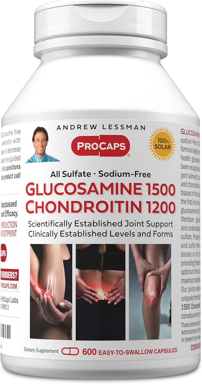 ANDREW LESSMAN Glucosamine 1500 Chondroitin 1200mg - 600 Capsules - 100% Sulfate Form Research Established Ingredients and Levels for Support of Healthy Joint Tissue. Small Easy to Swallow Capsules