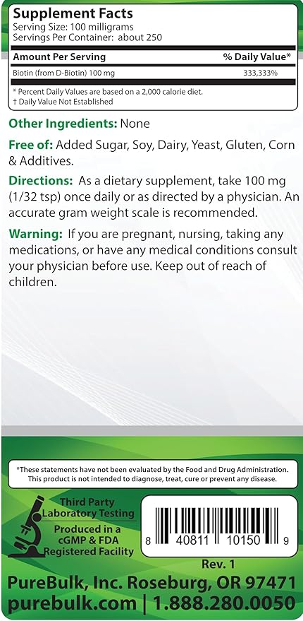 Pure Biotin Powder - Non-GMO (25 Grams)