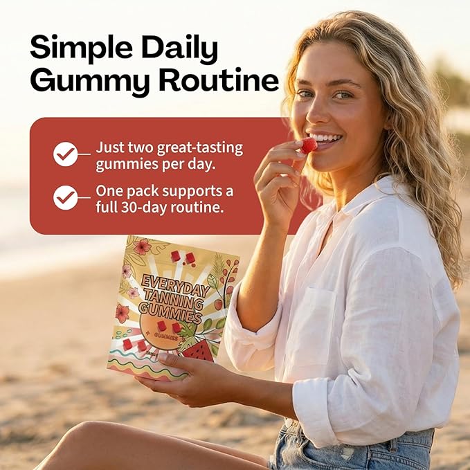 Daily Tanning Gummies – Natural Sunless Tanning for Women with Astaxanthin Lycopene &amp Beta Carotene – Antioxidant Rich Boosts Melanin – Watermelon Flavor – 60 Chewables