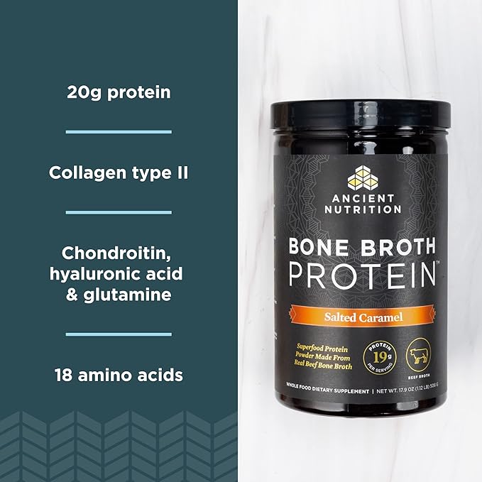 Ancient Nutrition Bone Broth Protein Powder Salted Caramel 20 Servings + Organic Supergreens Powder Greens Flavor 25 Servings
