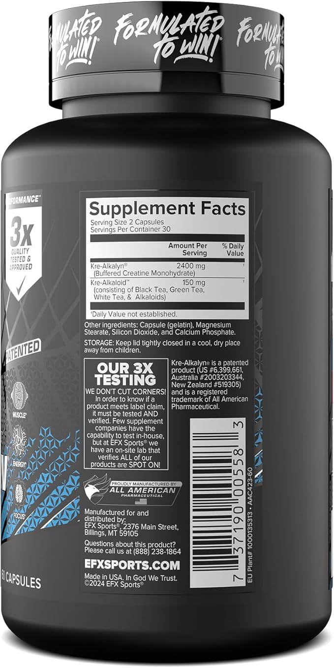 EFX Sports Kre-Alkalyn Pro | pH Correct Creatine Monohydrate Pill Supplement | Muscle Building Pre Workout for Men &amp Women | 30 Servings 60 Capsules