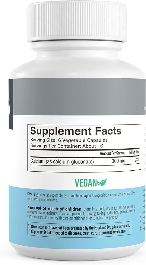 Freeda Calcium Gluconate – Kosher Vegan Calcium Supplement – Easy to Digest &amp Absorb – Supports Bone Strength – Pure Calcium Without Vitamin D – (100 Capsules)