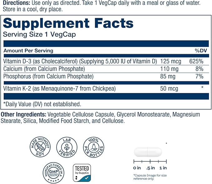 SOLARAY Vitamin D3 K2 - Bone Health and Immune Support Supplement - With 5000 IU Vitamin D as Vit D3 and 50 mcg Vitamin K2 as Menoquinone MK7 Made Without Soy 60-Day Guarantee 120 Serv 120 VegCaps