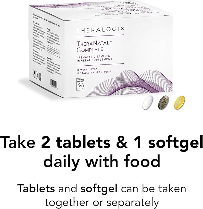 Theralogix TheraNatal Complete Prenatal Vitamin Supplement - 91-Day Supply - with DHA Vitamin D3 Folate Iodine Choline Iron Vitamin B6 &amp More - NSF Certified - 182 Tablets &amp 91 Softgels