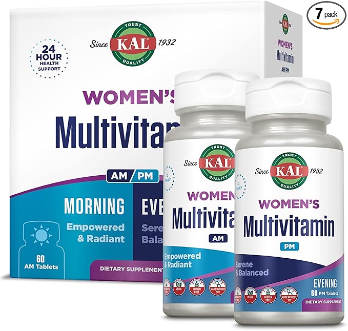 KAL Women's Multivitamin AM/PM 2-in-1 Multivitamins for Women with Ashwagandha Silica Organic Spirulina and GABA for Cellular Energy Bone Strength Immune Support Vegan 30 Servings 120 Tablets