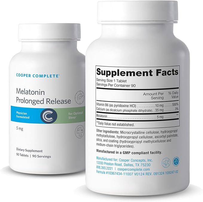 Prolonged Release Melatonin 5mg.Two-Phased delivery releases melatonin quicklythen steadily over six hours.B6 (pyridoxine HCI) and Calcium aid in melatonin biosynthesis 90 Tablets per bottle 2 Pack