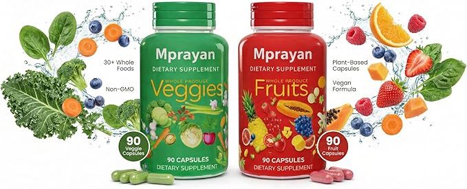 Fruit and Veggie Superfood for Natural Energy &amp Immune Support | 30+ Whole Foods Vegan Non-GMO | 90 Fruit + 90 Veggie Capsules – 30-Day Supply (2-Bottle Set)