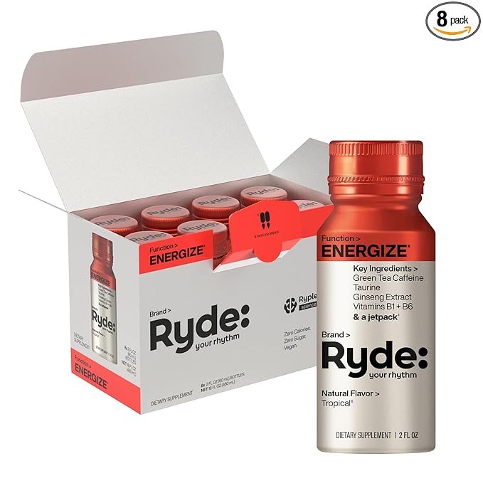Ryde: Energize Shot | Tropical Flavor | Green Tea Caffeine Taurine Ginseng Extract &amp B Vitamins | 0 Calories 0 Sugar | 2 FL OZ Shots | Boosts energy* (8 Pack)