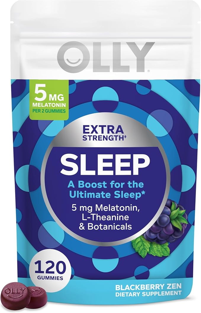 OLLY Extra Strength (5mg) &amp Regular Strength (3mg) Melatonin Sleep Gummies with L-Theanine 120 Count BlackBerry Flavor
