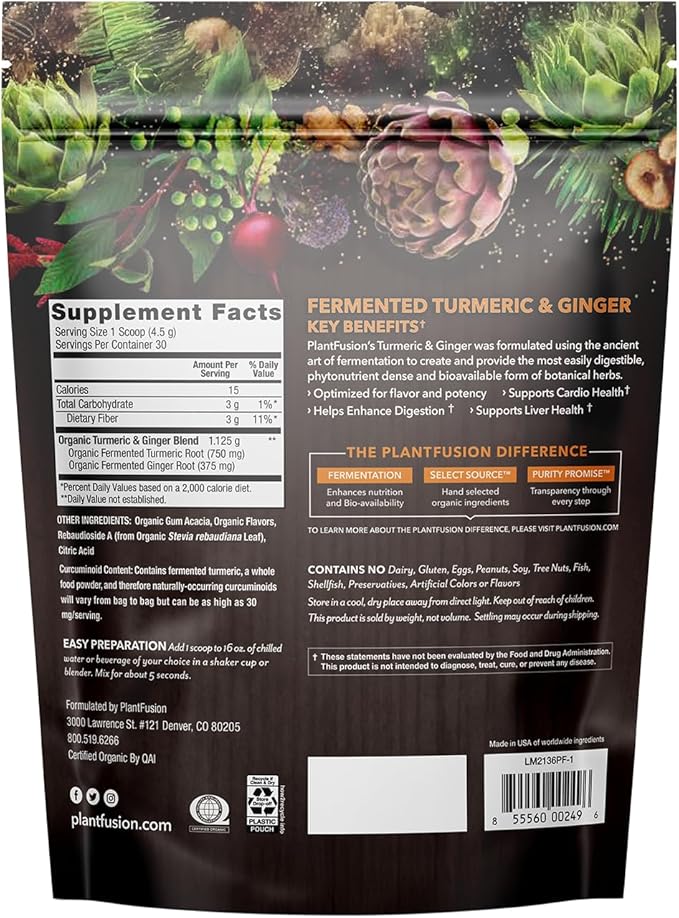 PlantFusion Turmeric and Ginger Drink Mix - Fermented Whole Food Nutrition Herbal Supplement Powder with Curcuminoids - USDA Certified Organic Non-GMO Vegan Gluten-Free 4.76 oz 30 Servings