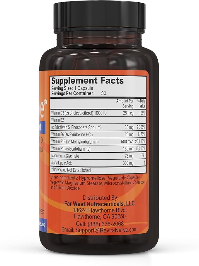 Nerve Support Supplement with 300mg Alpha Lipoic Acid Vitamin D3 Vitamin B1 B2 B6 B12 &amp Magnesium Glycinate One-per-Day Neuropathy Supplement – Daily Nutrient Blend 30 Capsules