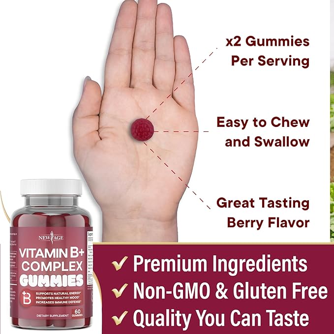 NEW AGE Vitamin B Complex Gummies with Vitamin B3 B6 &amp B12 – with Biotin Folic Acid &amp Vitamin C – Gluten-Free Vegan Made in The USA! (180 Count (Pack of 3))