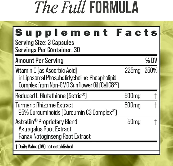 BIOSTACK Cell Shield with Setria Glutathione | Liposomal Supplement with Vitamin C Turmeric and C3 Curcumin Complex | Pure Reduced L-Glutathione 500mg for Immune Support Skin &amp Antioxidant Defe