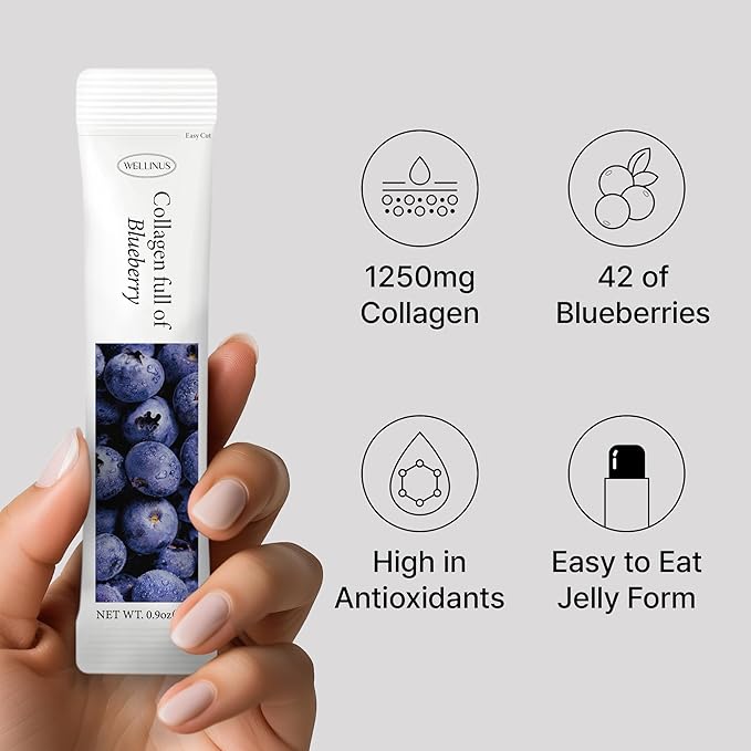 Korean Collagen Jelly Sticks - 25 Blueberry Flavored Marine Collagen Peptide Snacks for Anti-Aging- Collagen Protein Sugar-Free Travel Packs for Hair &amp Nail Strength