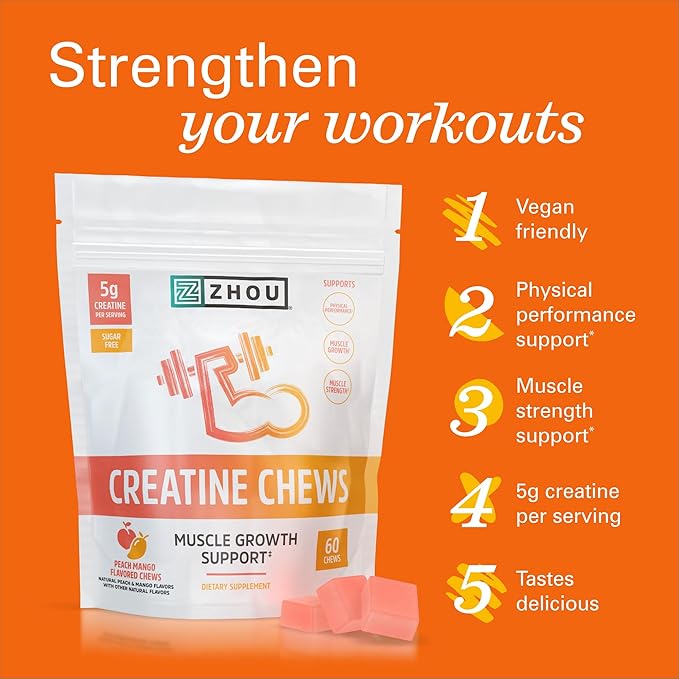 ZHOU Creatine Chews - Creatine Monohydrate Gummies for Men &amp Women with Vitamin B12 Sugar Free Vegan Organic Non GMO 5g Per Serving - Peach Mango Flavor 20 Servings 60 Chews
