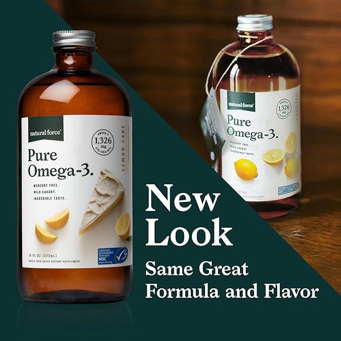 Natural Force Pure Omega 3 - Liquid Fish Oil Lemon Cake Flavor - 16 Oz Glass Bottle 100% Virgin Coconut MCT Oil - 16oz Glass Bottle