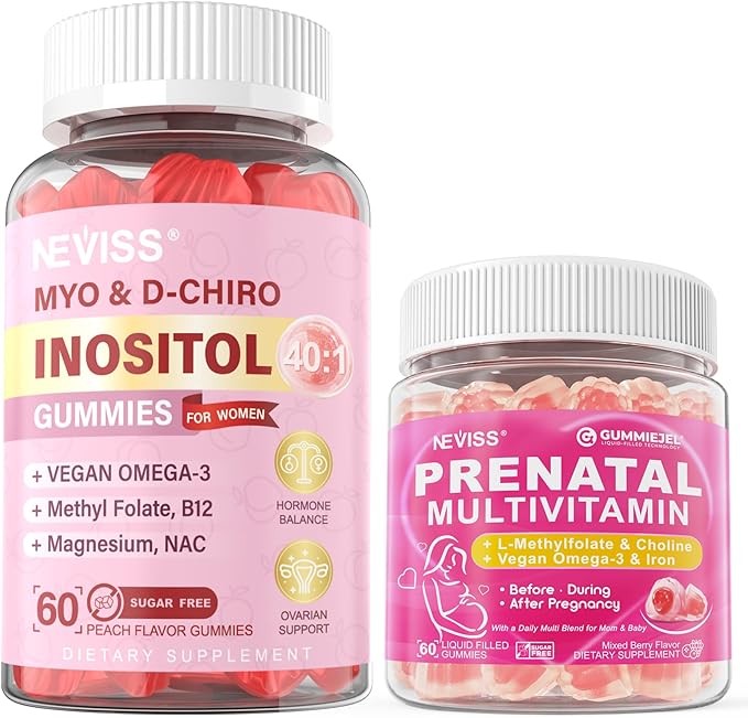 NEVISS Sugar Free 2 Pack 40:1 Ratio Inositol Gummies + 1 Pack Prenatal Vitamins for Women Gummies for BeforeDuring &amp After Pregnancy