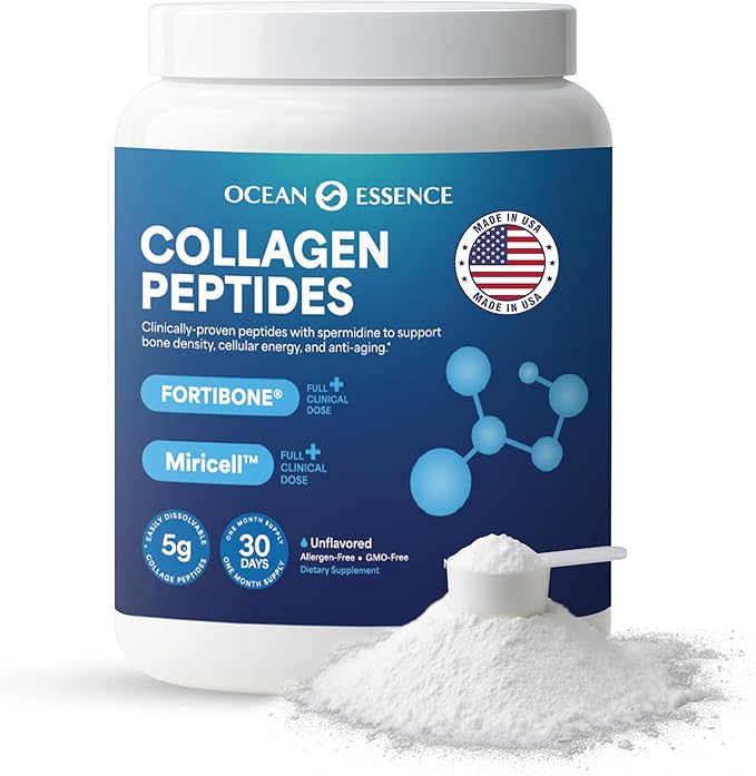 OCEAN ESSENCE Collagen Peptides for Bone Health with Fortibone Vitamin K2 &amp Miricell – Bone Density Support Healthy Aging Easy-Dissolve Collagen Powder for Adults Unflavored Made in USA