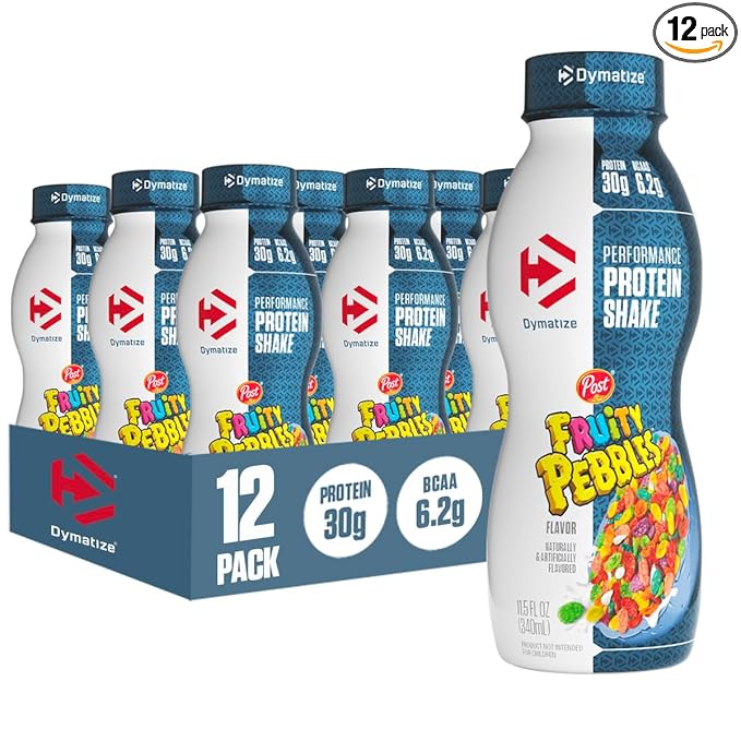 Dymatize Performance Protein Shake Fruity Pebbles 30g Protein 6.2g BCAA for Muscle Recovery No Added Sugar Low Fat 24 Vitamins and Minerals Gluten-Free Ready to Drink On-the-Go Snack 11.5fl