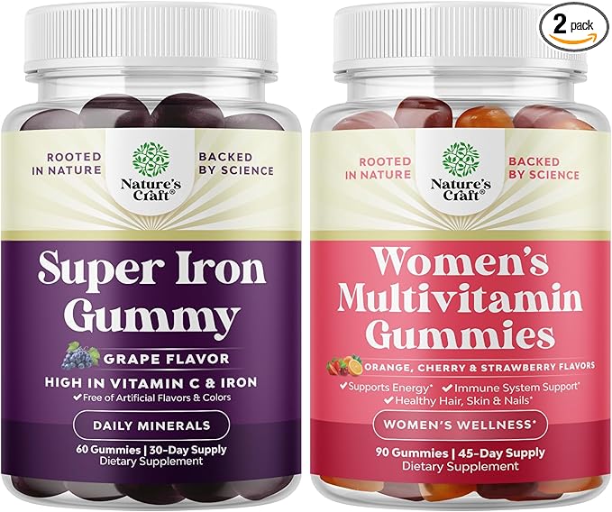 Bundle of Extra Strength Iron Gummies for Women and Men with Vitamin C for Higher Absorption and Delicious Daily Multivitamin for Adults Energy and Immunity - Vitamins for Women's Health and Wellness