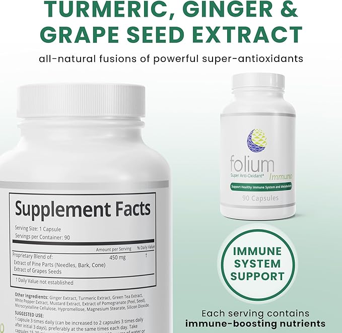 Folium Immuno Inflammation Support Supplement-Pine Parts GrapeSeed Ginger Turmeric Green Tea White Pepper &amp Pomegranate-90 Count
