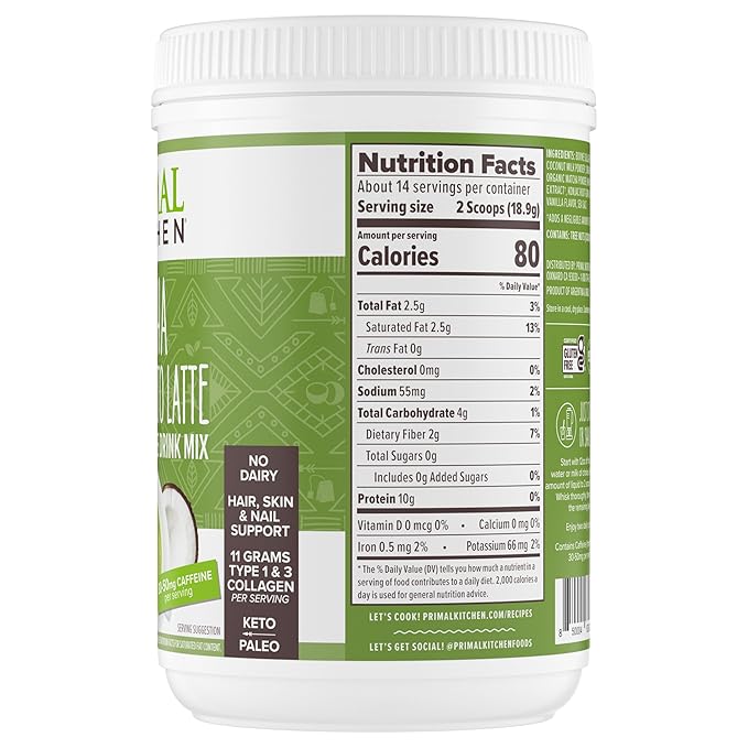 Primal Kitchen Matcha Collagen Keto Latte Powder Sugar-Free Collagen Peptides 9.33 Ounces