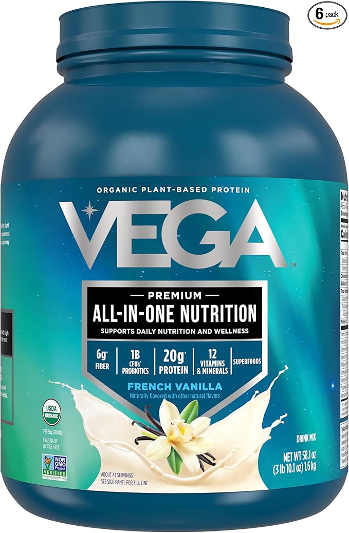 Vega Organic All-in-One Vegan Protein Powder French Vanilla (43 Servings) Superfood Ingredients Vitamins for Immunity Support Keto Friendly Pea Protein for Women &amp Men 3.10lbs(Pack of 6)