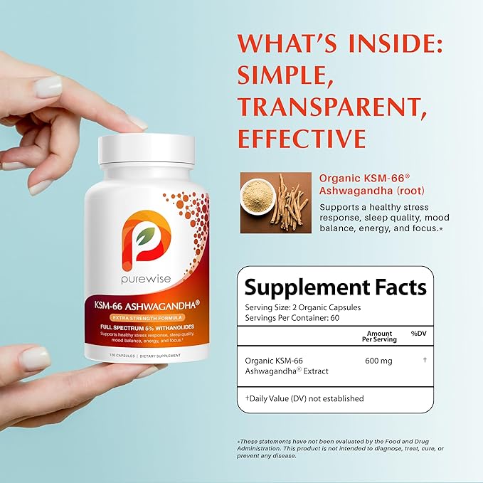 KSM-66 Ashwagandha 600mg Extra Strength Formula - Stress Relief Supplement for Sleep Support &amp Mood Support - Organic Full Spectrum 5% Withanolides - 120 Capsules