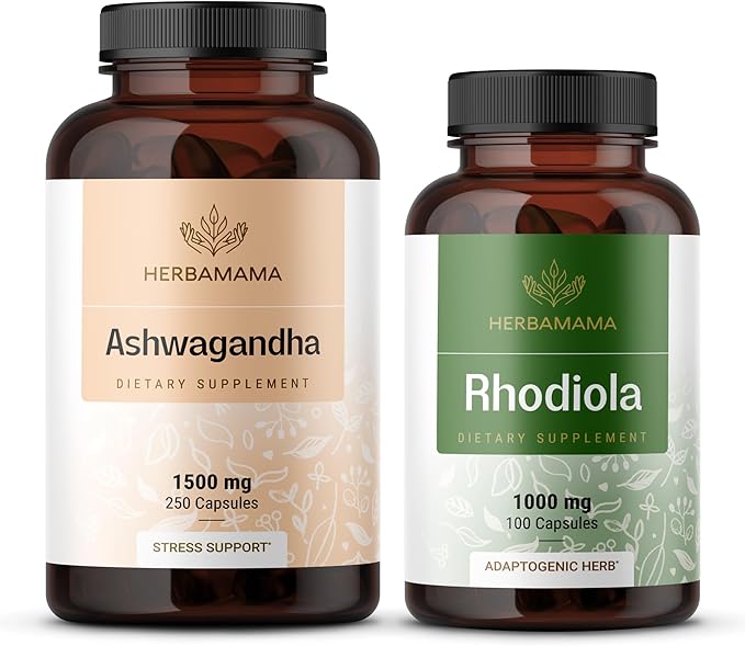 HERBAMAMA Ashwagandha and Rhodiola Rosea Kit - Bundle of 1500mg Ashwagandha Root Capsules &amp 1000mg Rhodiola Rosea Capsules - Vegan Non-GMO Gelatin-Free - 2 Pack