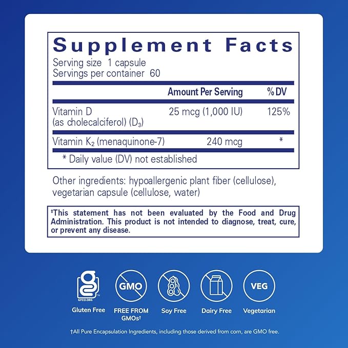 Pure Encapsulations PureHeart K2D - Heart Health Supplement* - with Vitamin K2 &amp D3 - Cholecalciferol Vitamin D &amp MK-7 - Non-GMO &amp Vegetarian - 60 Capsules
