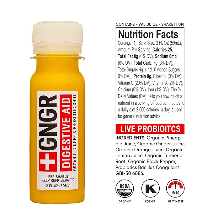 +GNGR Digestive Aid – Organic Ginger Shot with Turmeric &amp Black Pepper. High-Absorption Curcumin with Probiotics for Immune Digestive &amp Gut Health. Cold-Pressed Ginger Shots. 2 fl oz Bottles