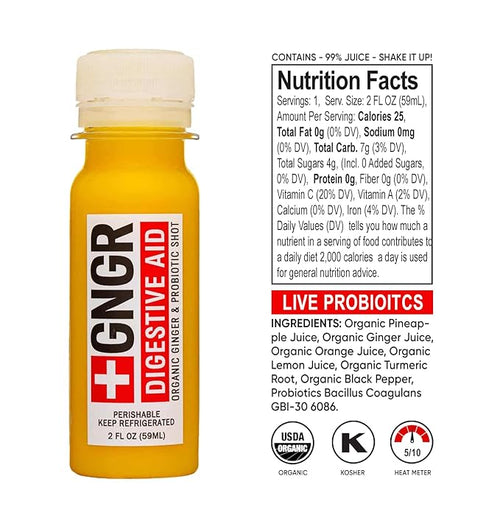 +GNGR Digestive Aid – Organic Ginger Shot with Turmeric &amp Black Pepper. High-Absorption Curcumin with Probiotics for Immune Digestive &amp Gut Health. Cold-Pressed Ginger Shots. 2 fl oz Bottles
