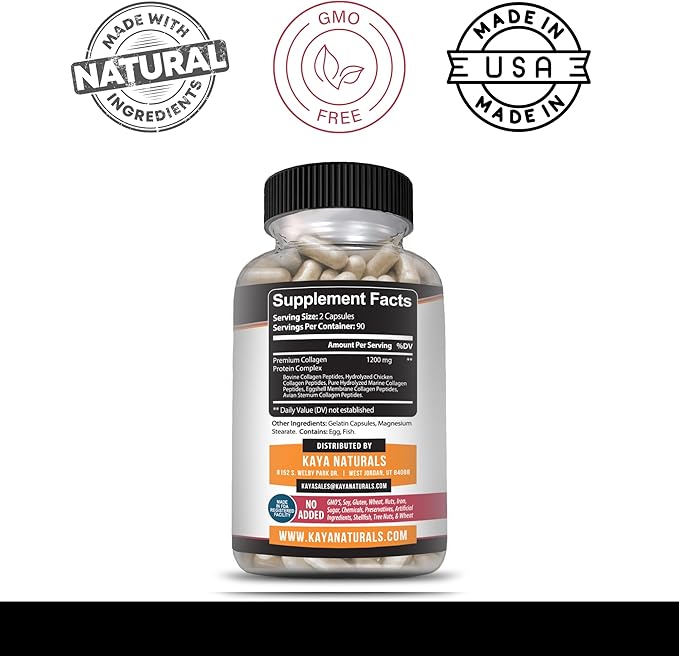 Kaya Naturals Multi Collagen Peptides Complex Powder for Women and Men Types I II III V &amp X | 180 Count Capsules