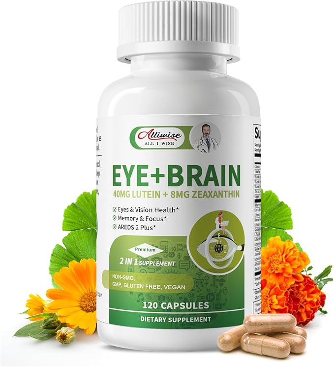 Eye + Brain Supplements for Memory and Focus Lutein 40mg Zeaxanthin Astaxanthin Bilberry Lion’s Mane Bacopa Monnieri Ginkgo Biloba 14 in 1 Eye Vitamins for Adults &amp Seniors 120 Capsules