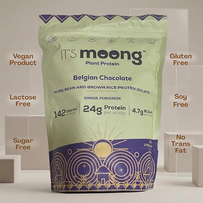 It’s Moong Plant Protein Powder Belgian Chocolate | Mung Bean &amp Brown Rice Protein Isolate Ginger &amp Fenugreek 24g Protein &amp 4.7g BCAA | Vegan Gluten Free Dairy Free Sugar Free | 17.6