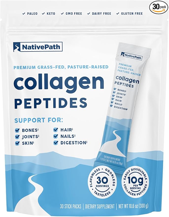 NativePath Collagen Peptides Protein Stick Packs - Hydrolyzed Type 1 &amp 3 Collagen Powder for Skin Hair Nails - 30 Servings
