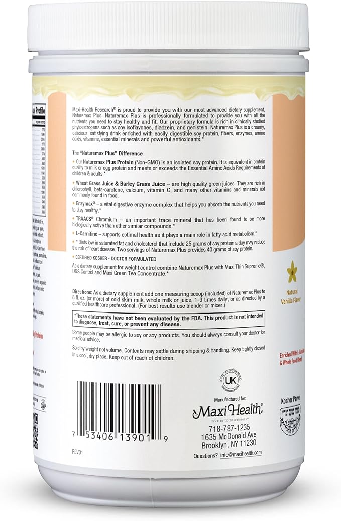 Maxi-Health NatureMAX PlusTM Energy Support Meal Replacement Drink Soy Protein Powder - Sugar Free Diet Supplement - 1 Lb - Natural Vanilla Flavor - Kosher Vitamin
