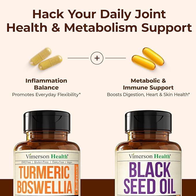 Boswellia Turmeric Curcumin Supplement + Black Seed Oil Bundle – Joint Health Immune Support Antioxidants Digestion – with Ginger Root Organic Turmeric Powder Cold Pressed Black Seed Oil Capsules