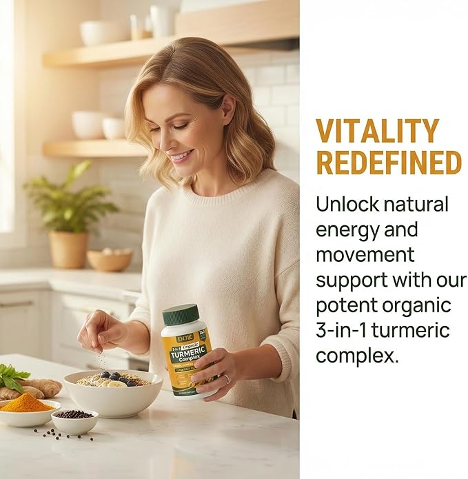 Turmeric Organic 3-in-1 Complex Turmeric Curcumin Supplement with Black Pepper &amp Ginger 2250mg Daily Support Vegan Non-GMO 120 Count (A)