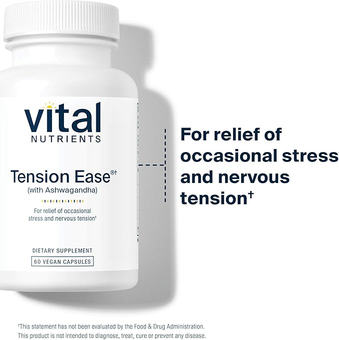Vital Nutrients Tension Ease with Ashwagandha - Stress Relief Supplement for Relief of Occasional Stress and Nervous Tension - Gluten Dairy Soy Free - Non-GMO - 60 Capsules