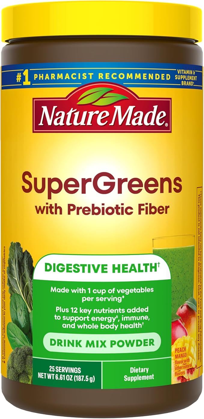 Nature Made Super Greens Powder with Prebiotic Fiber Drink Mix Made with 1 Cup Veggies Per Serving Fiber Supplement + Vitamins and Minerals 25 Day Supply