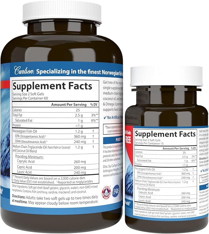 Carlson - MCT &amp Omega-3 Coconut Oil Caprylic &amp Capric Acids EPA &amp DHA Energy Production Fat Metabolism &amp Brain Health 120+30 Softgels