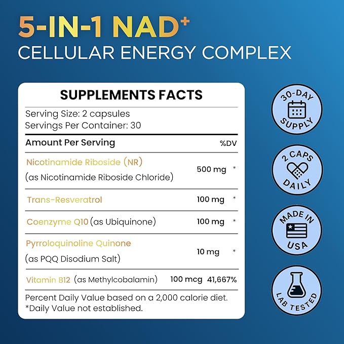 NAD+ Supplement with 500mg NR Resveratrol CoQ10 PQQ- 5-in-1 NAD Formula |NMN Supplement Alternative|NAD Resveratrol Support Cellular Energy &amp Healthy Aging-Made in USA-60 Capsules