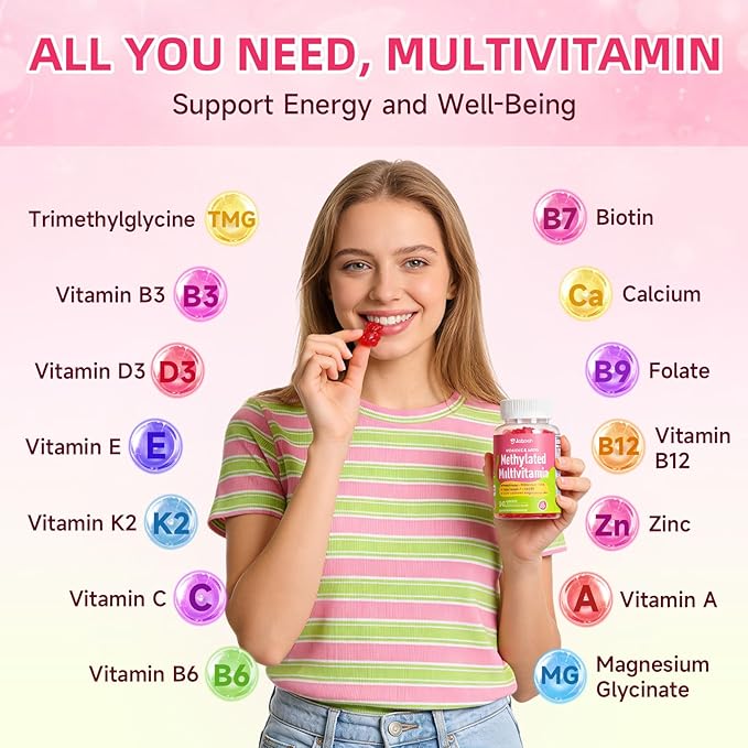 Methylated Vitamin B Complex Gummies for Women &amp Men Multivitanins Gummy with Vitamin A C E Methylfolate &amp B12 TMG Calcium D3 K2 Magnesium &amp More for Overall Health-Vegan Sugar Fr