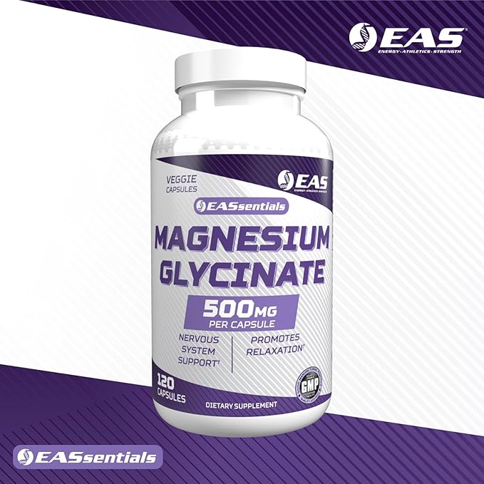 EAS Magnesium Glycinate 500mg | Nervous System &amp Muscle Function | Relaxation Support | Easy to Digest | Gluten Free Non GMO Vegetarian | 120 Veggie Capsules