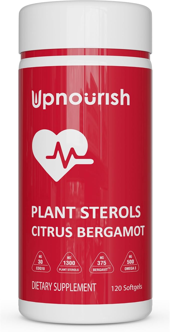 UpNourish Plant Sterols Citrus Bergamot Supplement with CoQ10 Omega 3 Olive Leaf Turmeric Curcumin Black Garlic and Niacin - 120 Softgels